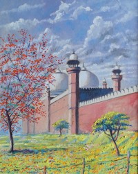 Ghulam Mustafa, Badshahi Masjid Red Tree and Clouds, 24 x 30 Inch, Oil on Canvas, Cityscape Painting, AC-GLM-032